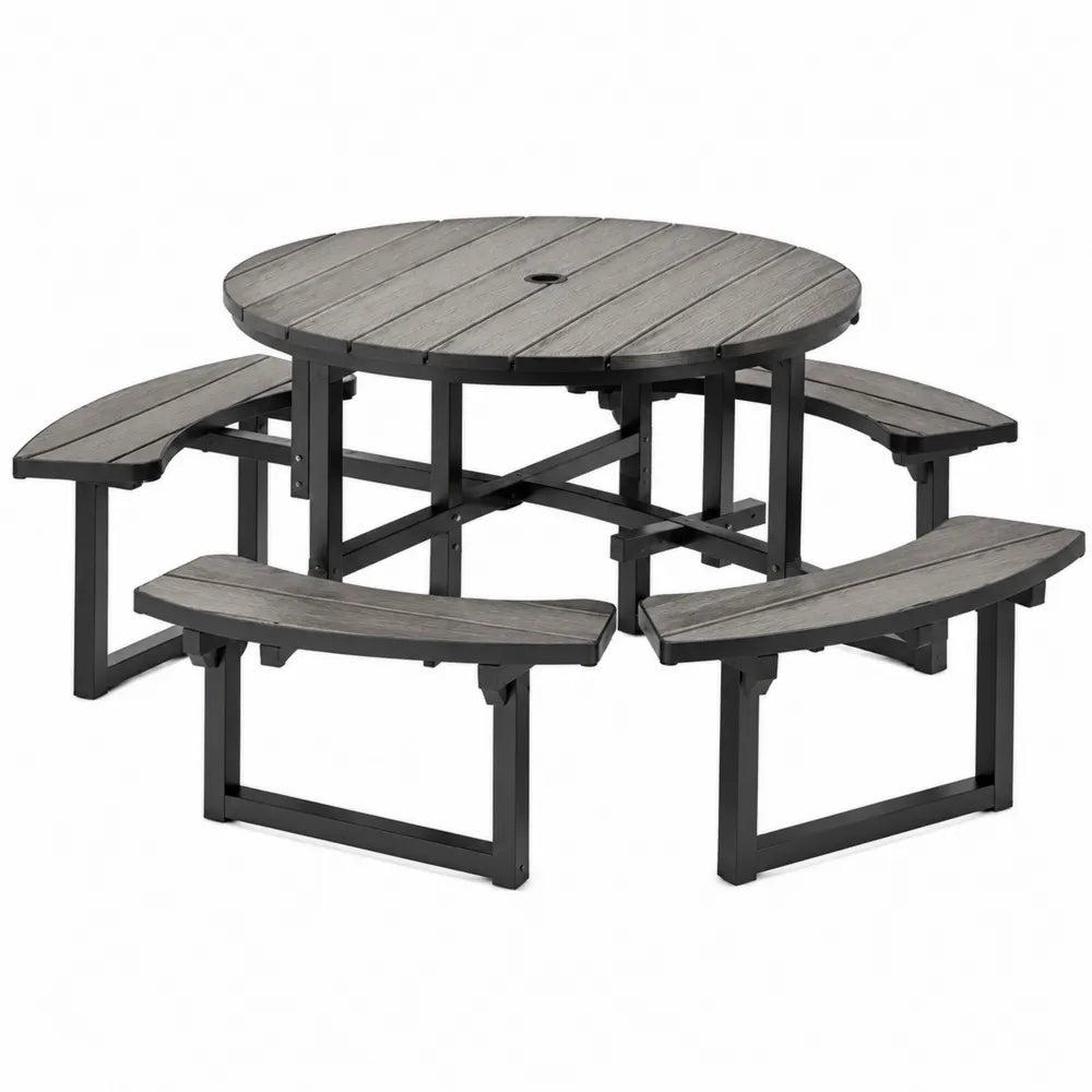 Table de jardin ronde avec bancs intégrés en HDPE imitation bois gris et structure en acier noir