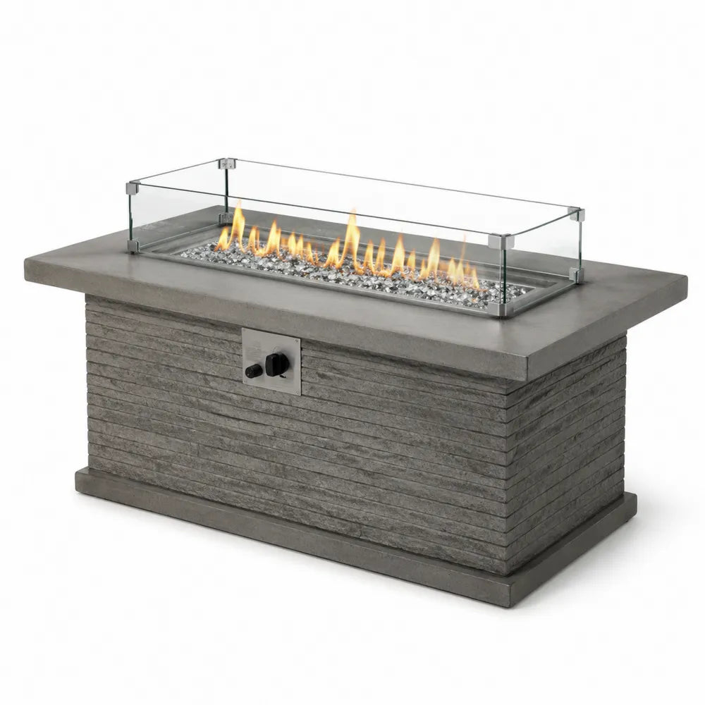 Table brasero rectangulaire au gaz béton fibré gris et verre trempé 132 x 71 x 63 cm