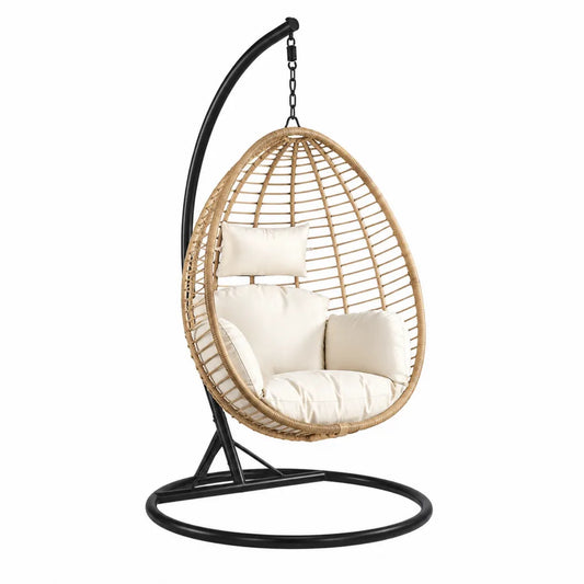 Fauteuil suspendu œuf de jardin en résine tressée PE beige avec support en acier noir et coussins crème 105 cm x 95 cm x 198 cm