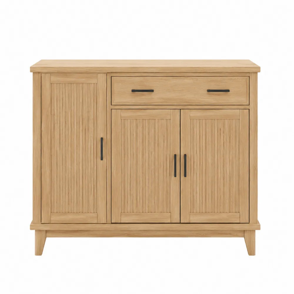 Buffet de salle à manger 120 x 40 x 90 cm en MDF décor chêne clair 3 portes 1 tiroir poignées noires