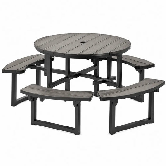 Table de jardin ronde avec bancs intégrés en HDPE imitation bois gris et structure en acier noir