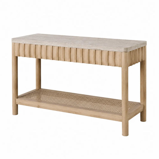 Table console de jardin rectangulaire en céramique frittée beige et acacia naturel avec étagère 120 x 40 x 80 cm