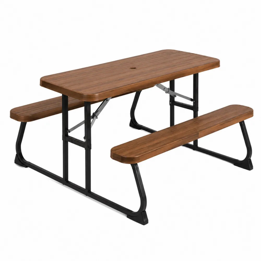 Table de pique-nique extérieure rectangulaire pliante 180 x 136 x 75 cm en bois traité avec bancs intégrés et structure en acier noir