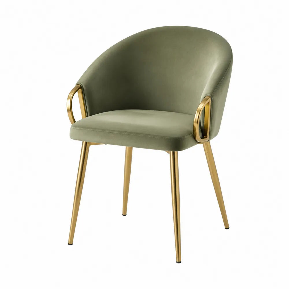 Chaise de salle à manger rembourrée en tissu vert olive avec accoudoirs et structure métallique dorée 58 cm x 56 cm x 78 cm