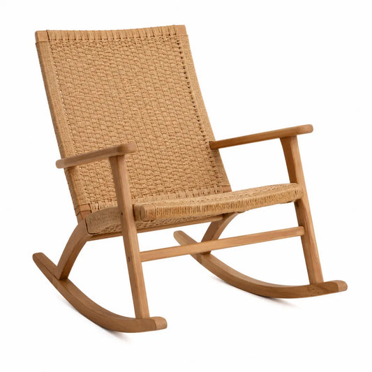 Chaise à bascule de jardin en bois massif et corde tressée naturel 1 place