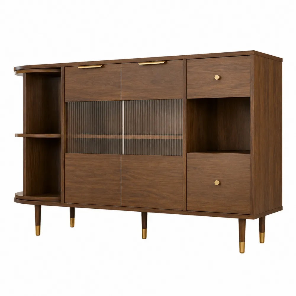 Buffet de salle à manger 140 x 40 x 90 cm en panneaux de particules décor noyer brun avec portes en verre cannelé et étagères ouvertes