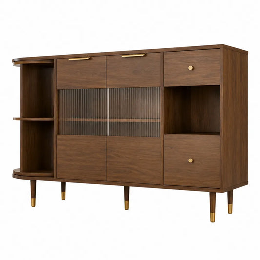 Buffet de salle à manger 140 x 40 x 90 cm en panneaux de particules décor noyer brun avec portes en verre cannelé et étagères ouvertes