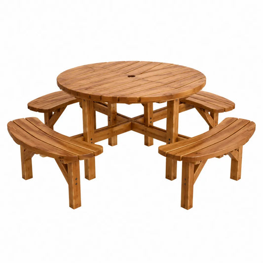 Table de pique-nique ronde en bois massif avec 4 bancs intégrés 170 x 170 x 72 cm brun miel