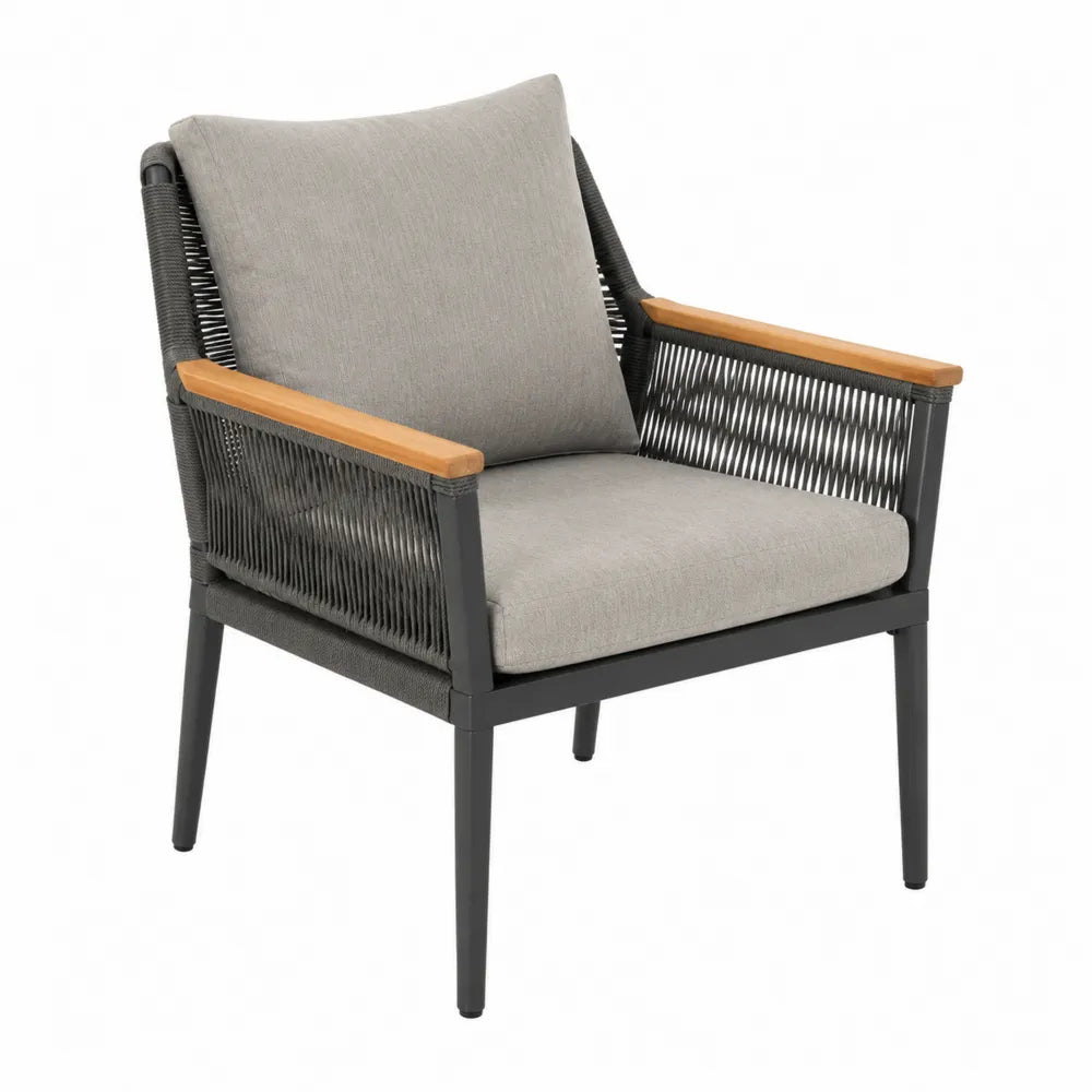 Fauteuil de jardin 1 place en aluminium thermolaqué anthracite corde polyester grise accoudoirs en acacia coussins gris 74 x 78 x 82 cm