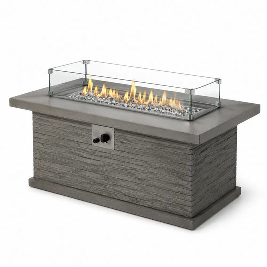 Table brasero rectangulaire au gaz béton fibré gris et verre trempé 132 x 71 x 63 cm