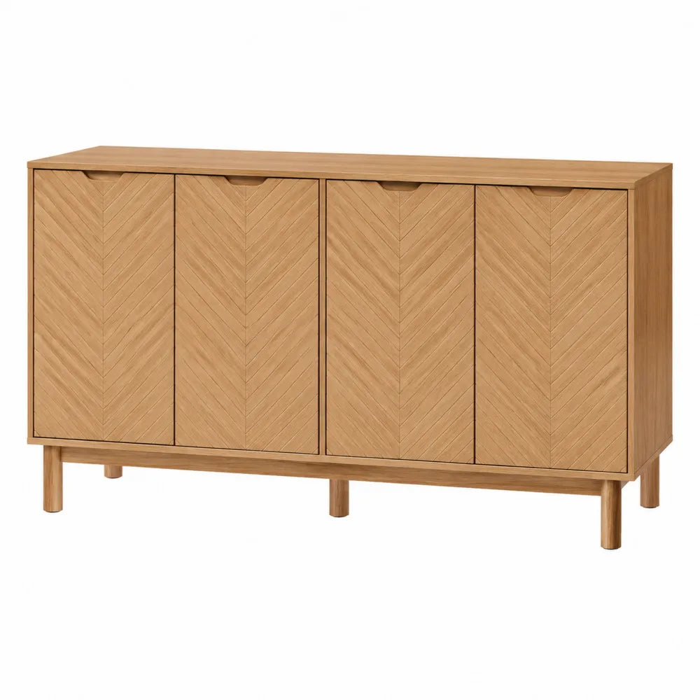 Buffet rectangulaire 160 x 40 x 80 cm en bois décor chêne clair avec 4 portes et poignées intégrées