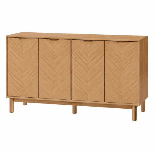 Buffet rectangulaire 160 x 40 x 80 cm en bois décor chêne clair avec 4 portes et poignées intégrées