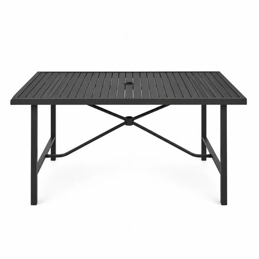 Table de jardin rectangulaire en acier thermolaqué noir avec trou pour parasol 160 cm x 90 cm x 74 cm